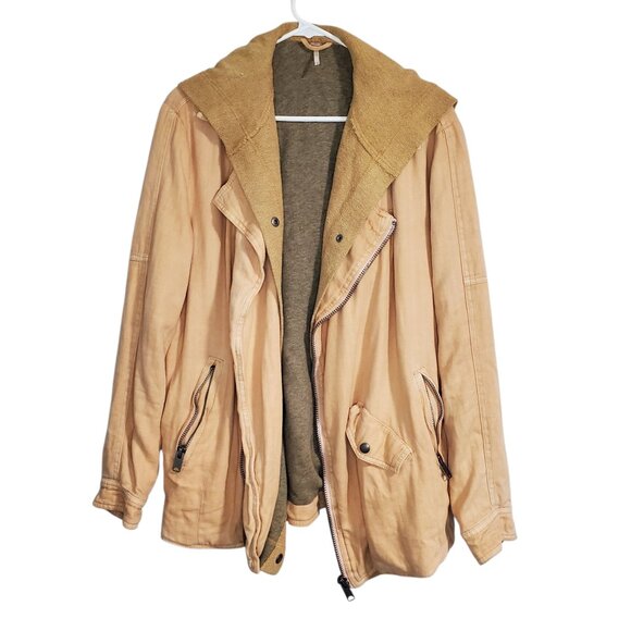 Free People Linen Hooded Peach Biker Cold Weather Heavyweight Zip Jacket - S - Picture 1 of 11
